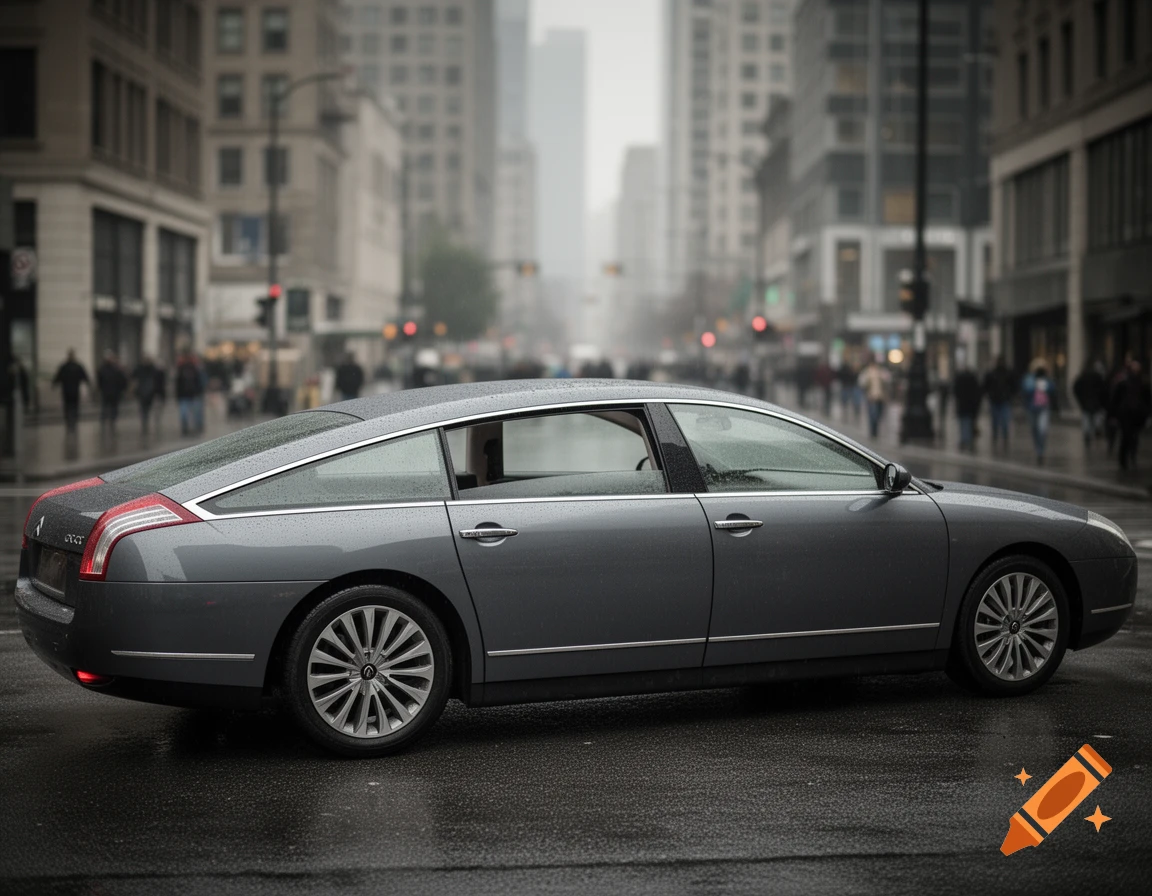 A grey Citroën C6 sedan on a wet city street, with blurred urban buildings and people in the background, in a photorealistic style.