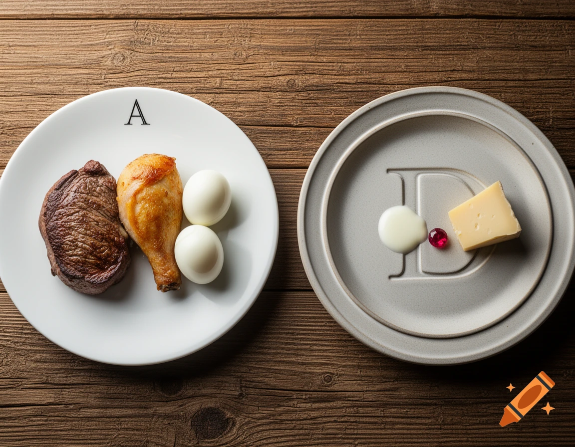 Two plates of food on a wooden table. One plate with an 'A' has steak, chicken, and eggs. The other with a 'D' has milk, cheese, and a ruby.