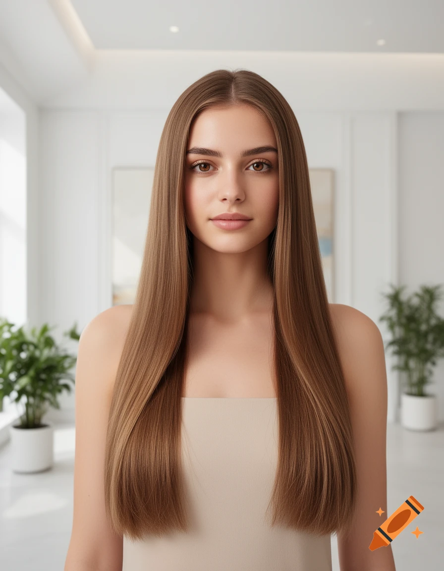 A young woman with long, straight brown hair and brown eyes, wearing a strapless beige top, in a bright white room with green plants.