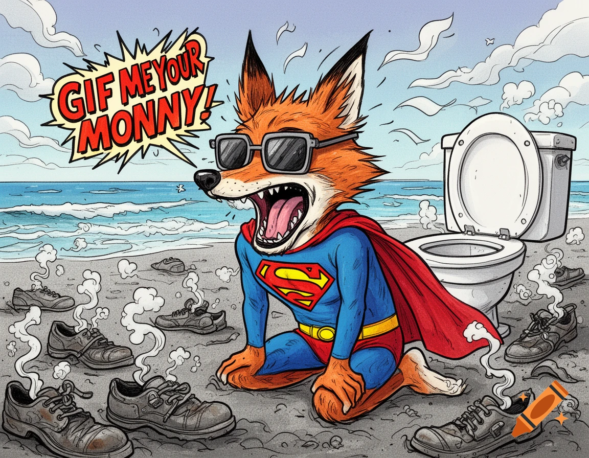 A cartoon fox in a Superman costume and sunglasses kneels on a sandy beach, yelling 'GIF ME YOUR MONNY!' next to a toilet and smoking old shoes.