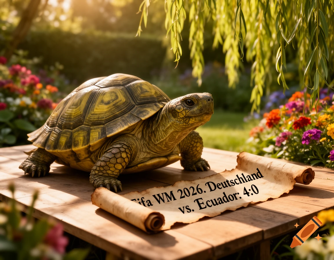 A photorealistic turtle sits on a wooden table in a sunlit garden, gazing at a scroll with "Fifa WM 2026. Deutschland vs. Ecuador: 4:0"