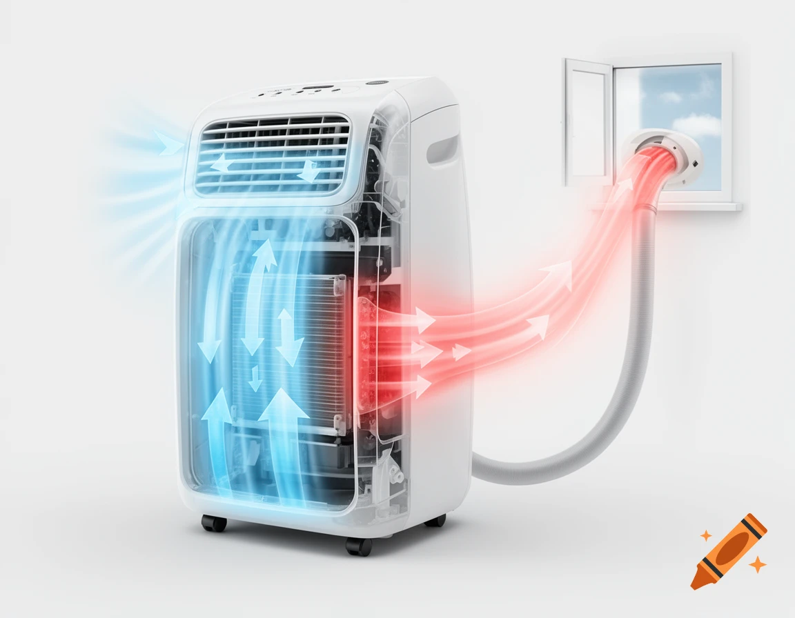 A technical cross-section diagram of a white portable air conditioner showing blue cool air output and red hot air exhausting through a hose out a window.