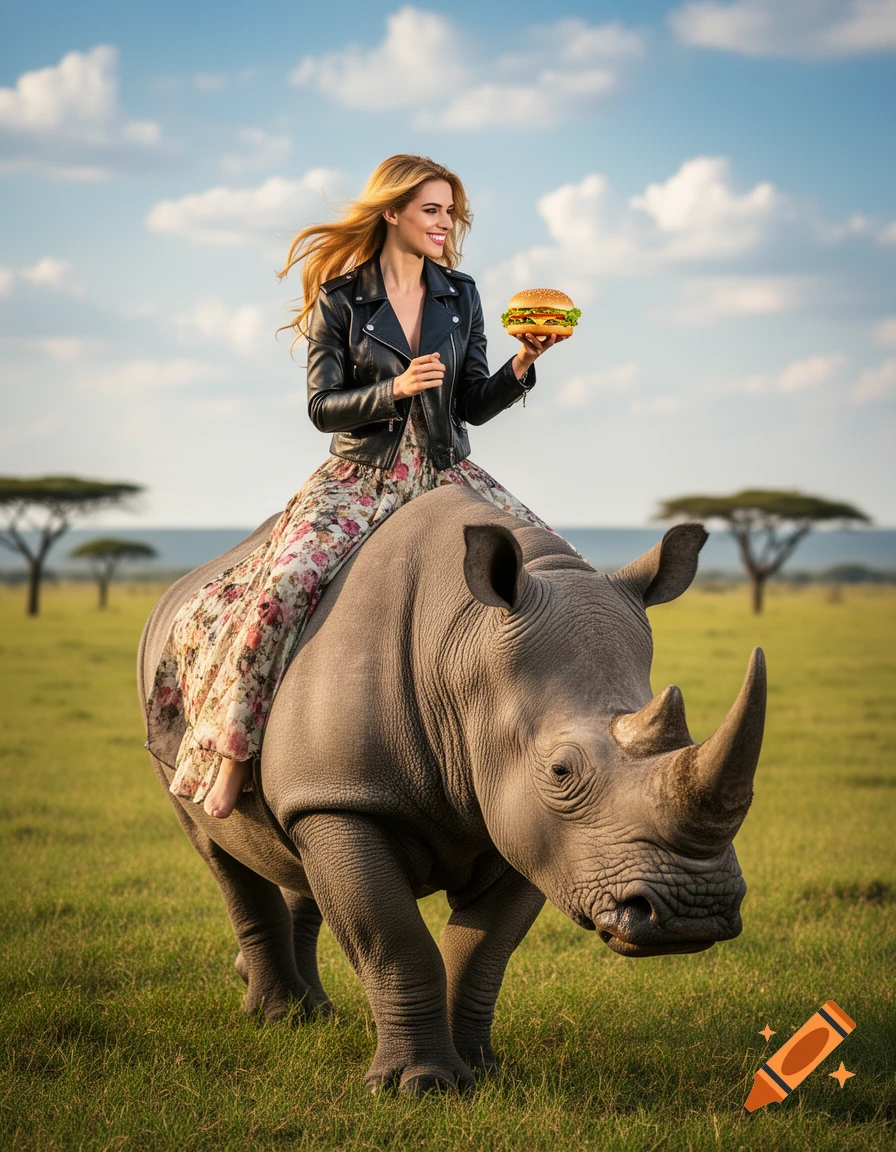 A woman in a black leather jacket and floral dress rides a rhino across a grassy field, holding a burger.