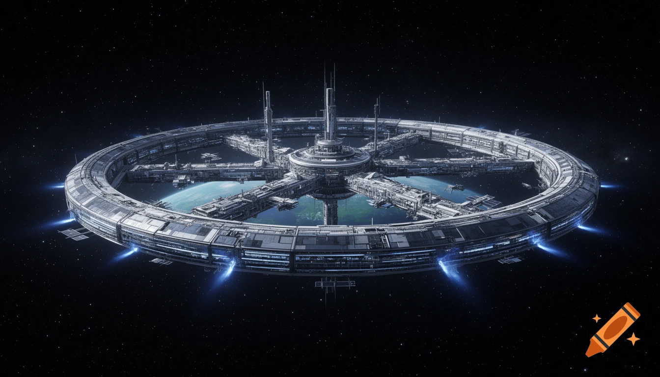 A highly detailed, futuristic ring-shaped space station orbits a blue planet in deep space, glowing with blue lights.