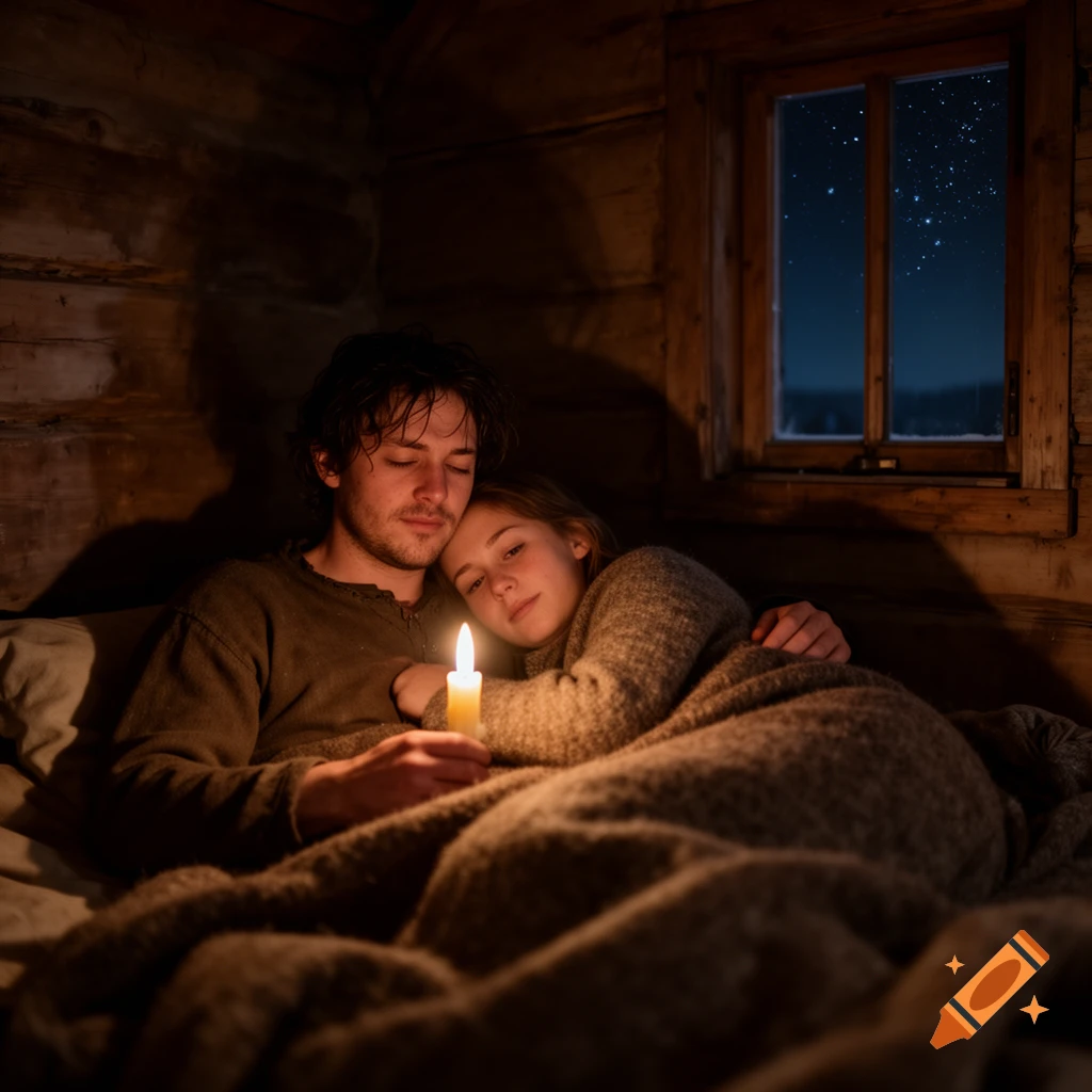 A man and woman cuddle under a blanket in a rustic, candlelit room, with a starry night visible through the window.