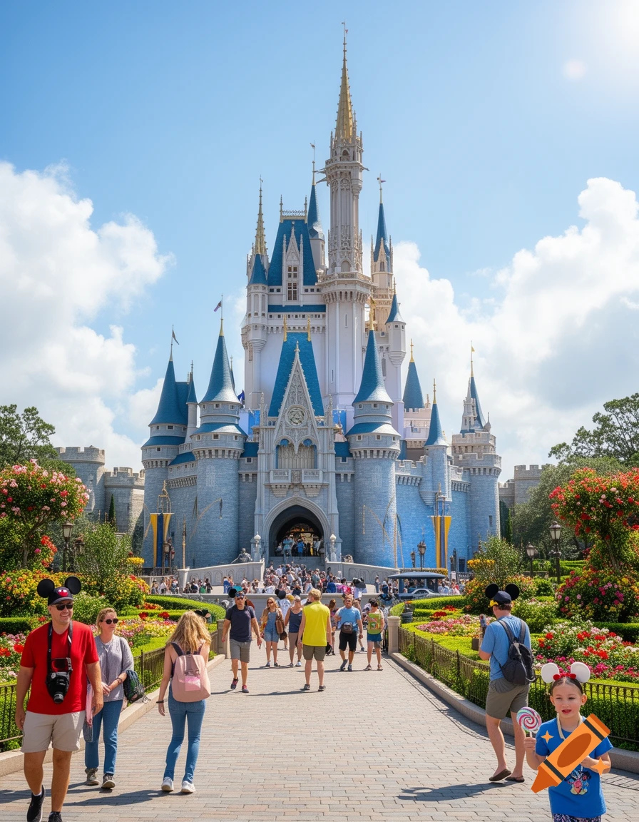 A bright, sunny day at a Disney theme park, with Cinderella Castle towering in the background and tourists walking on a paved path.