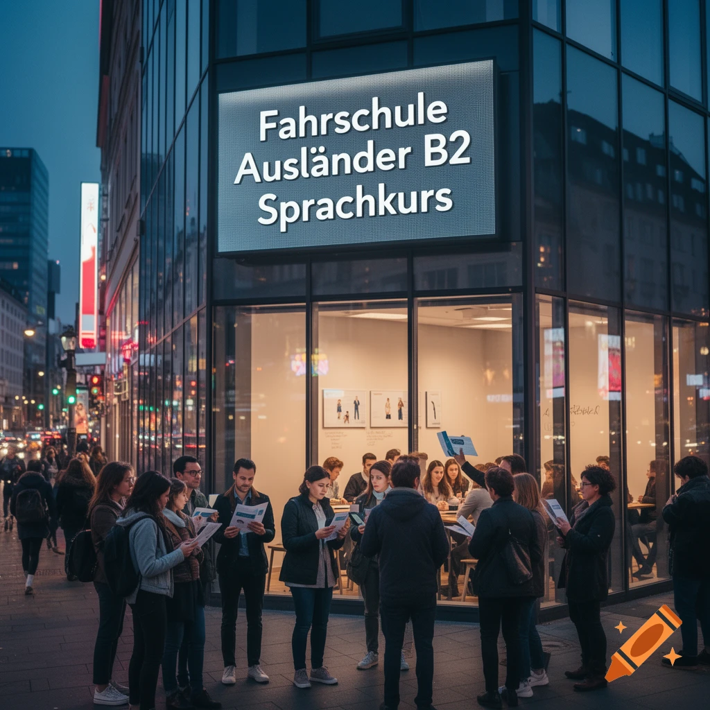 People on a city street at dusk outside a building with a sign 'Fahrschule Ausländer B2 Sprachkurs'.