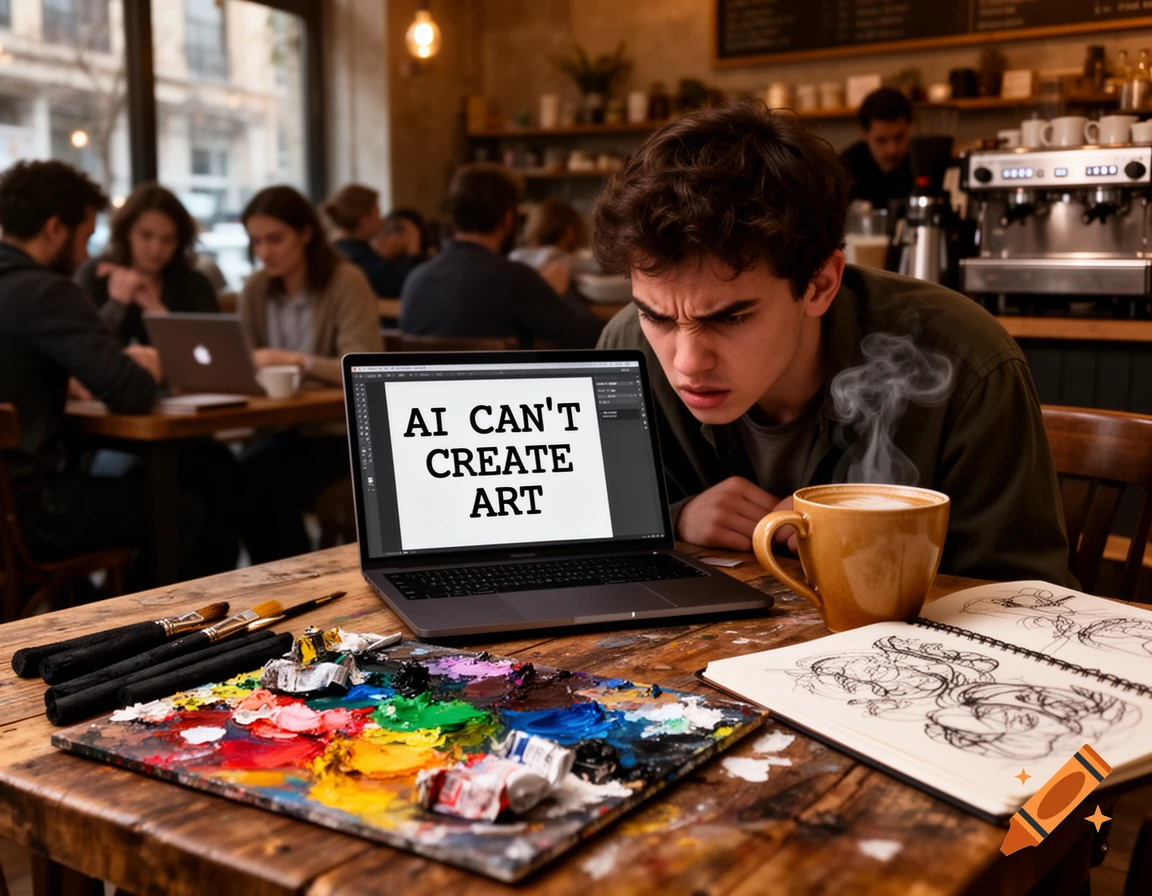 A young man intensely looks at a laptop displaying "AI CAN'T CREATE ART" in a coffee shop, surrounded by art supplies and a steaming coffee cup.