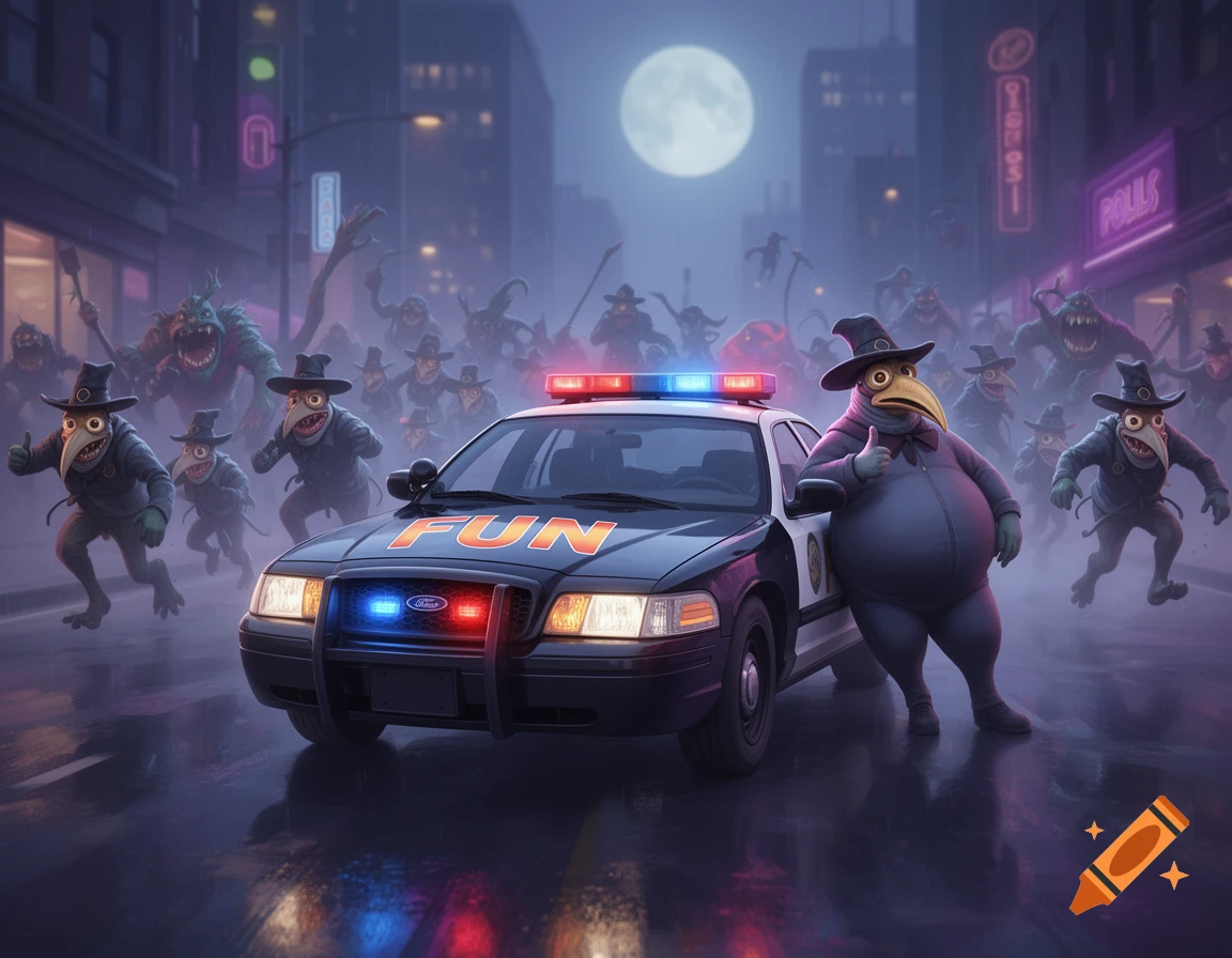 A plump, comical plague doctor gives a thumbs up while leaning on a police car with 'FUN' on its hood, chased by monsters and other plague doctors in a foggy city.