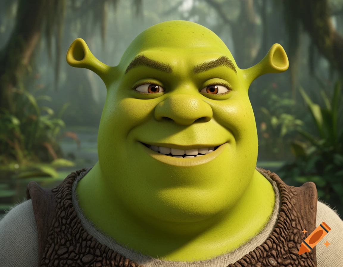A smiling Shrek, rendered in a highly realistic 3D style, against a blurred swamp backdrop.