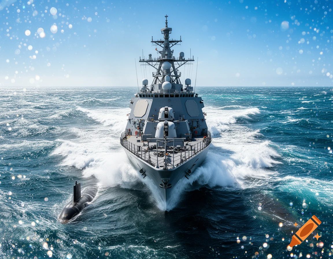 A large grey warship sails forward through choppy blue ocean waters, with a black submarine partially submerged next to it under a bright blue sky.