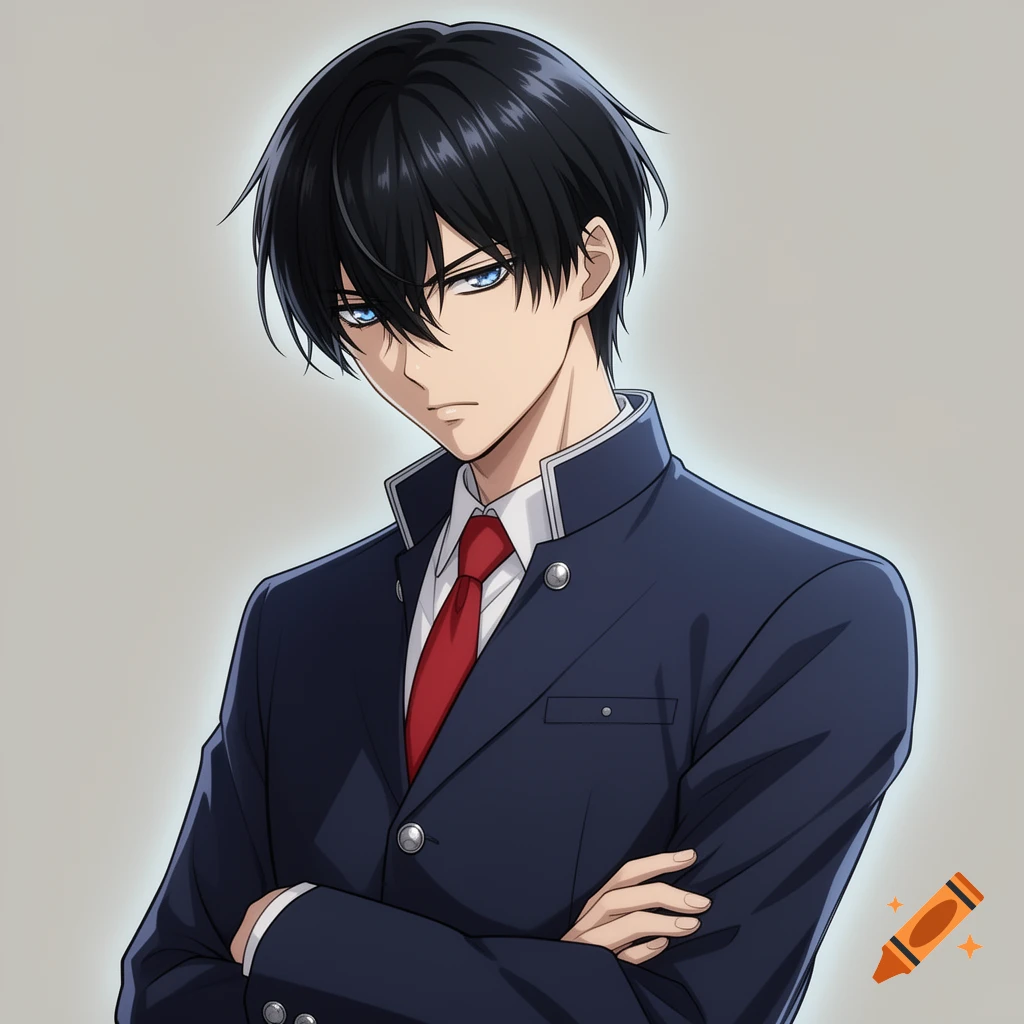 A male anime character with black hair and intense blue eyes wears a dark blue school uniform and a red tie, standing with his arms crossed and a condescending expression.