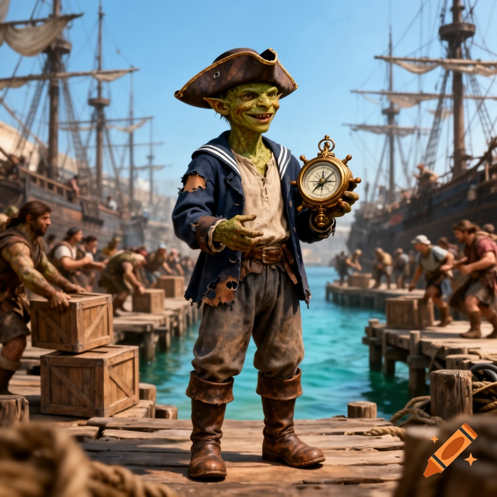 A green-skinned goblin-like pirate cabin boy in a tricorn hat and tattered jacket, holding a compass on a bustling wooden dock.