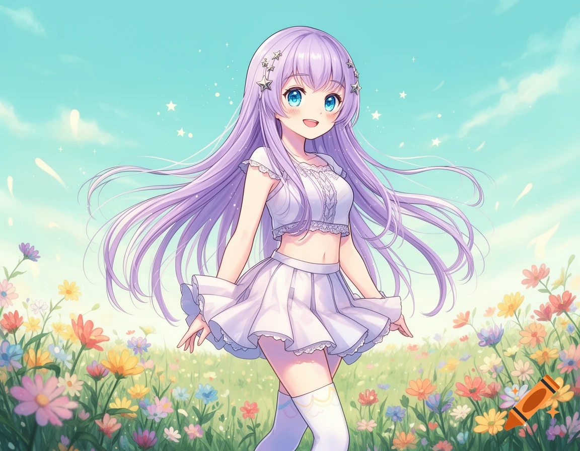An anime girl with long, light purple hair and blue eyes smiles in a field of colorful flowers under a blue sky.
