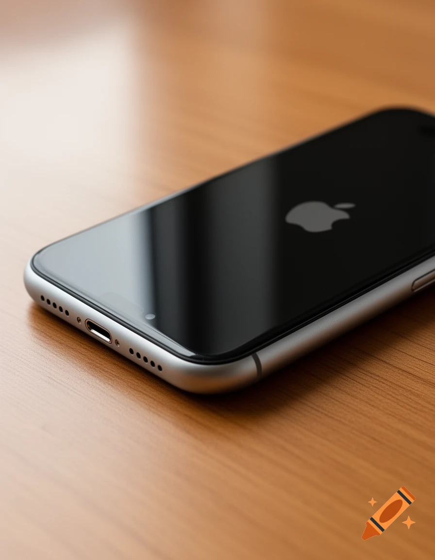 A close-up, high-angle shot of a silver iPhone with a black screen and a visible Apple logo, resting on a wooden table.