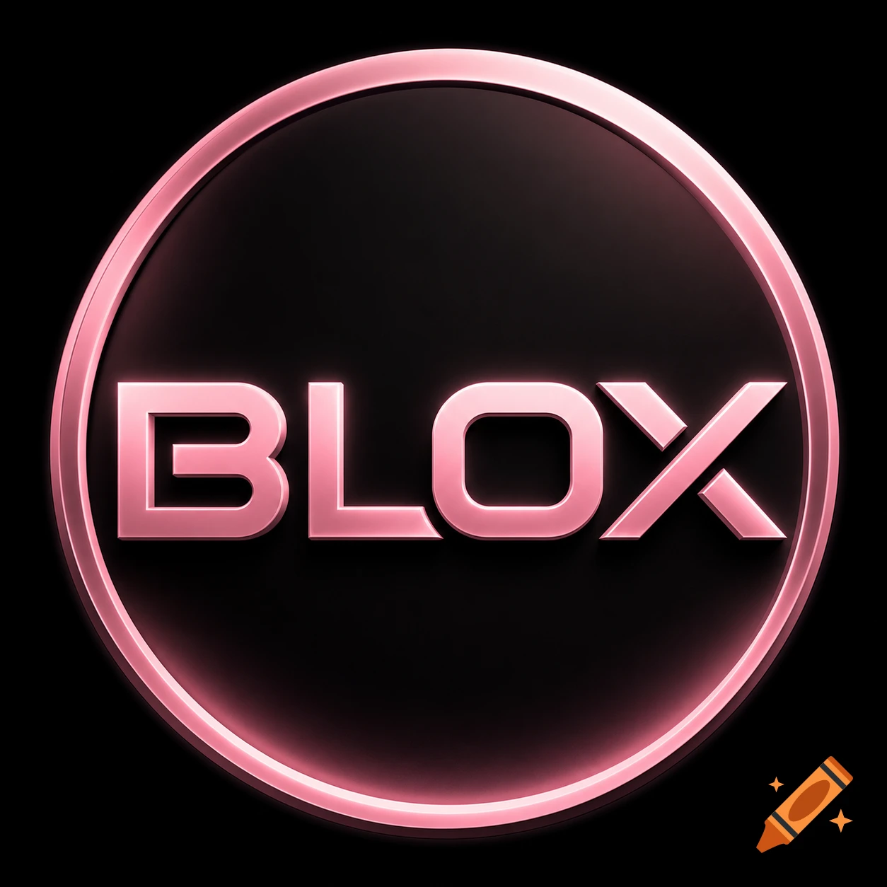 Pink metallic BLOX text logo within a circular frame, glowing against a black background.