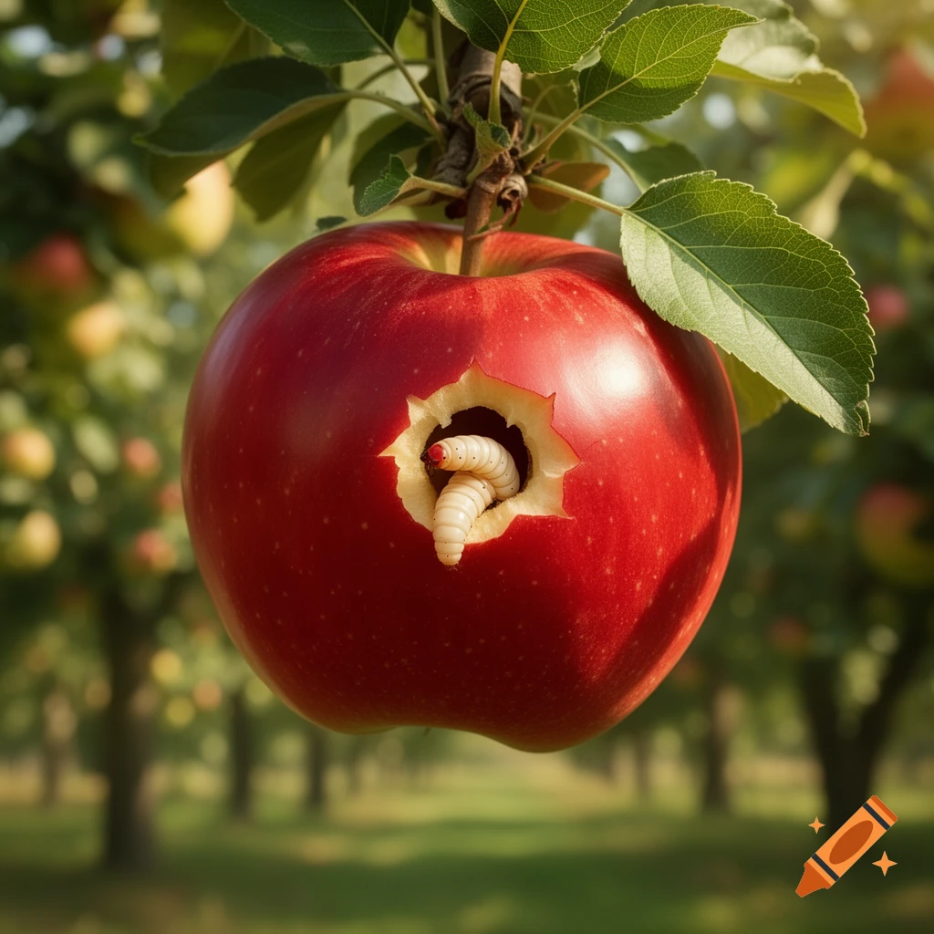 A large red apple hanging from a tree branch in an orchard has a white worm emerging from a bite mark.