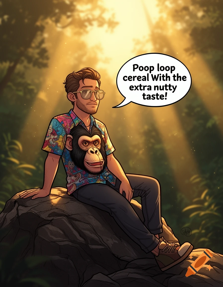 A cartoon man with glasses and an ape-face shirt sits on a rock in a sunny forest, speaking about 'Poop loop cereal'.