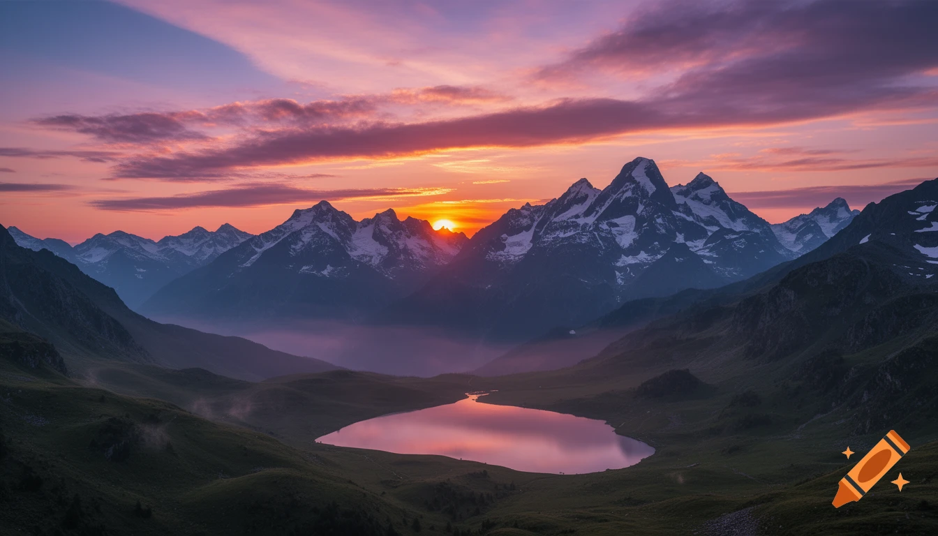 Photorealistic sunset over snow-capped mountains and a calm lake with pink reflections in a green valley.