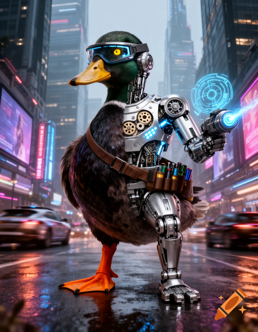 A photorealistic cyborg duck wearing goggles stands on a wet cyberpunk city street, holding a glowing laser gun.