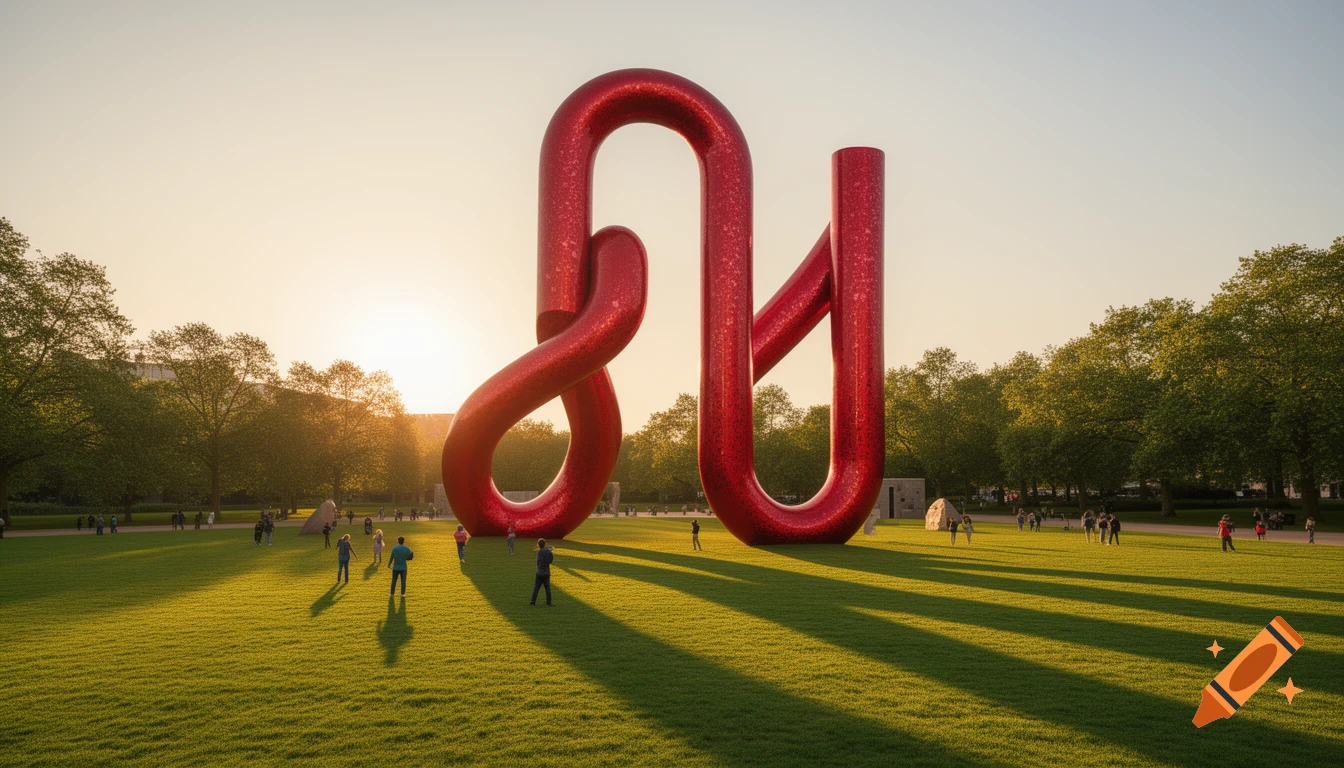 Massive glittery red abstract sculpture in a sunny green park with small people walking around, casting long shadows.