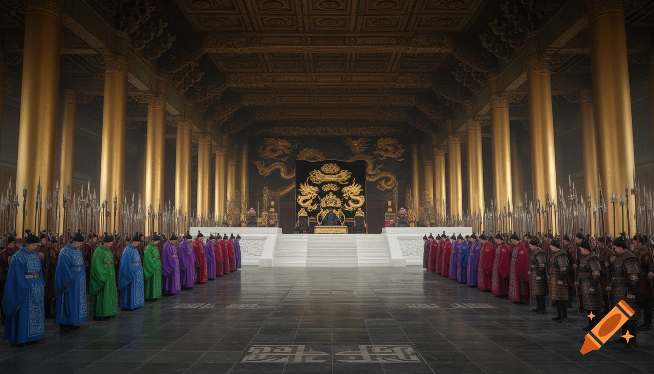 A grand, cinematic view of a vast imperial palace hall with golden pillars, a dragon throne, and rows of robed officials and warriors.