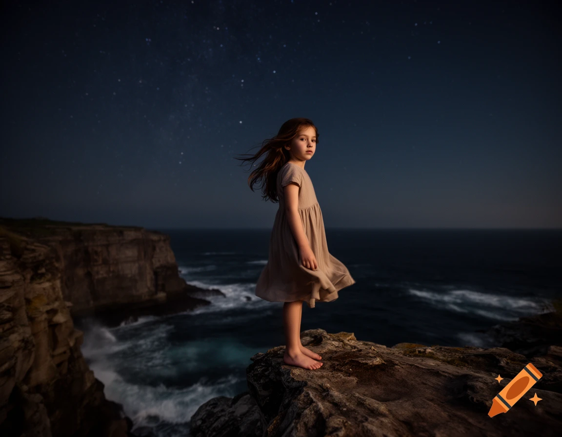 A young girl with brown hair stands barefoot on a rocky cliff overlooking the ocean at night, with stars in the dark sky.
