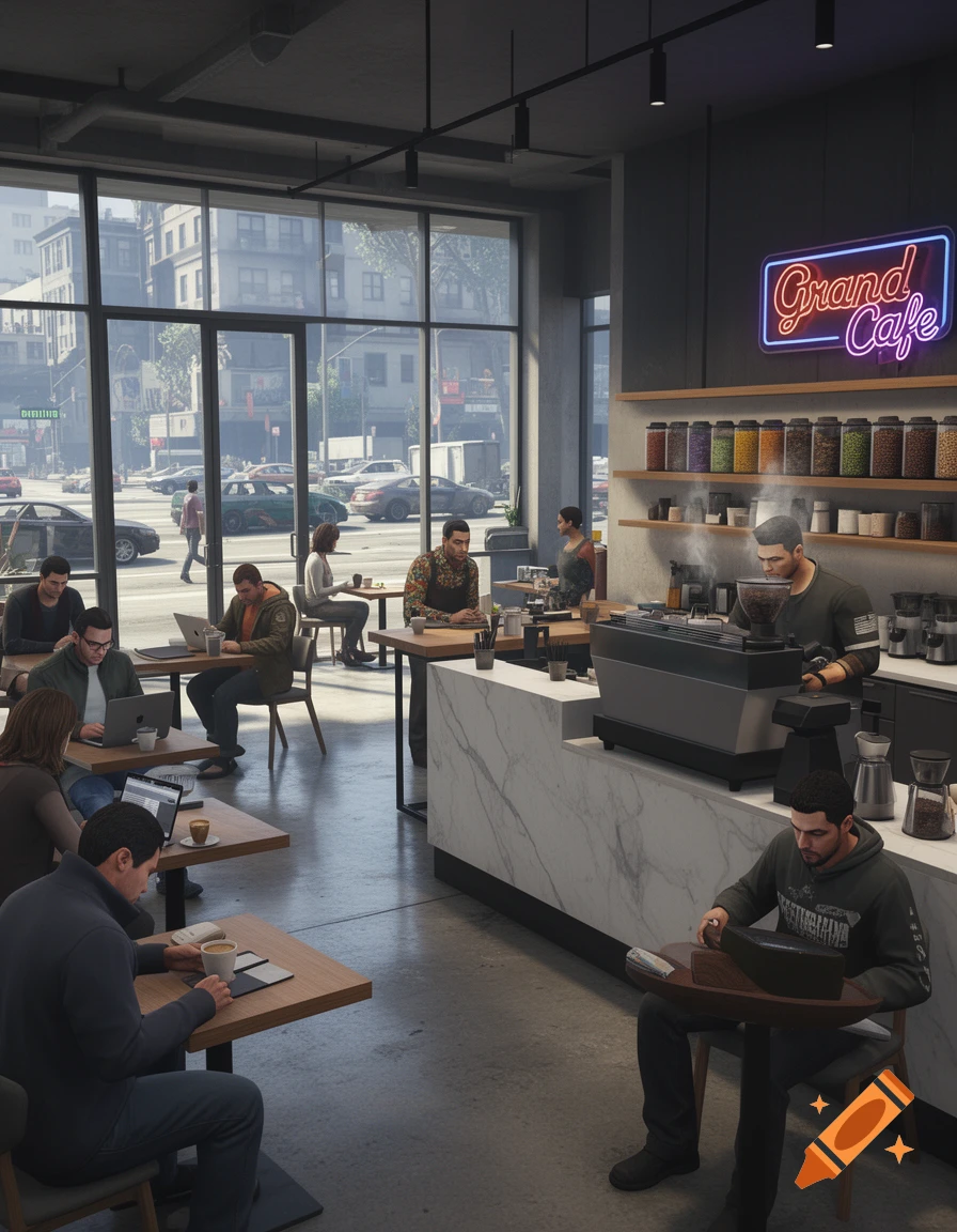 An interior shot of a Grand Cafe with people working on laptops and drinking coffee, featuring a street view outside, in a photorealistic videogame art style.