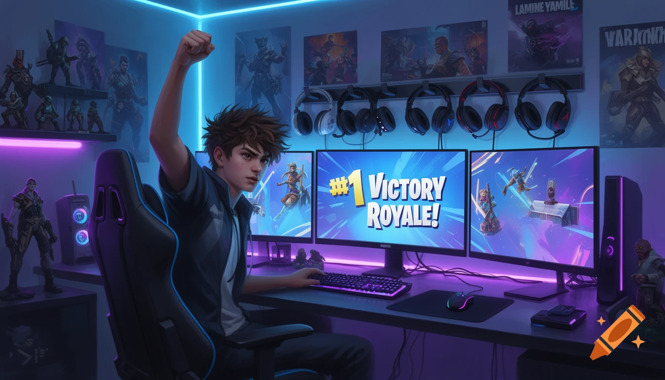 A young male gamer with spiky hair cheers with a raised fist, sitting in a gaming chair in a neon-lit room. His central monitor displays "#1 Victory ROYALE!", flanked by other monitors showing game content. Posters and gaming figurines decorate the walls, including one with "Lamine Yamile" written on it.