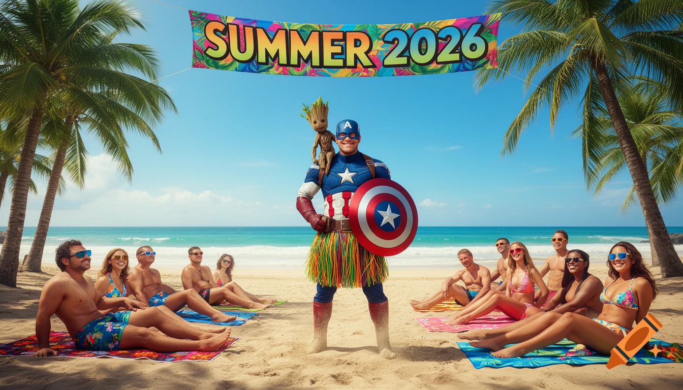 Captain America in a hula skirt with Groot on his shoulder on a sunny tropical beach with people relaxing under a "SUMMER 2026" banner.