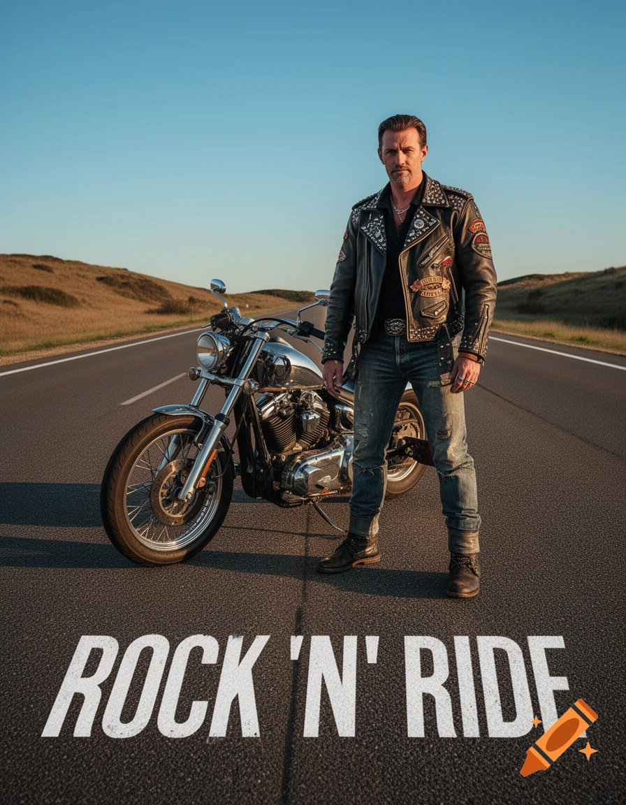 A man in a studded leather biker jacket and jeans stands with a motorcycle on a road, with 'ROCK 'N' RIDE' painted on the asphalt.