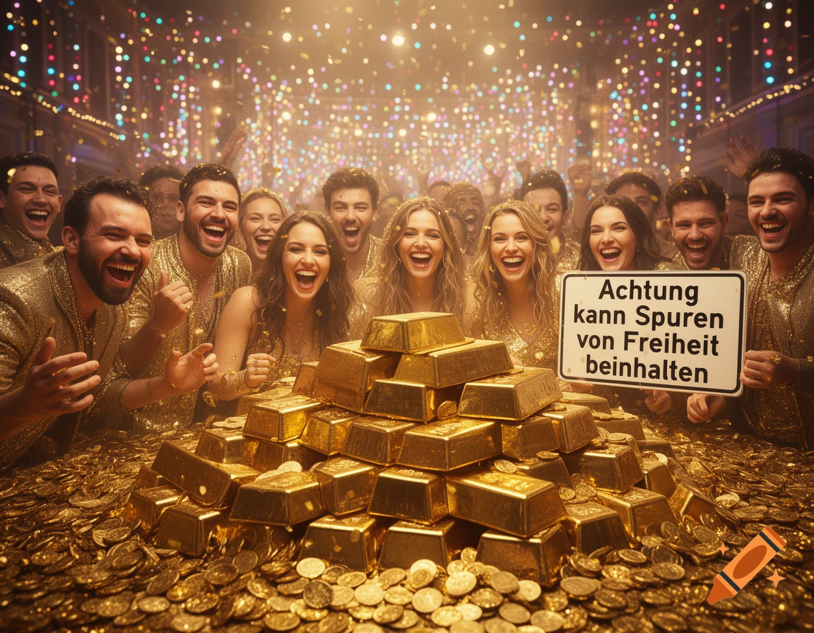 A crowd of diverse, laughing people in gold outfits celebrate amidst a shower of confetti, surrounded by a huge pile of gold bars and coins, one holding a sign.