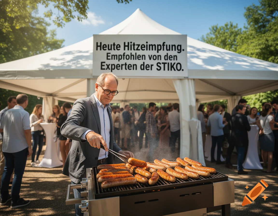 A man in a suit grills sausages at an outdoor event under a white tent, with a sign overhead and people mingling in the background.