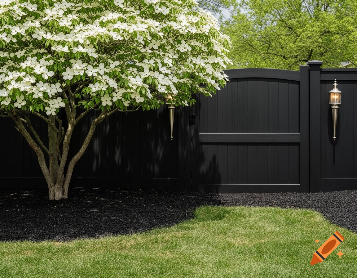 A vibrant dogwood tree with white blossoms stands next to a black wooden fence with gate and torch lights, featuring green grass and black mulch in a sunny daytime garden.