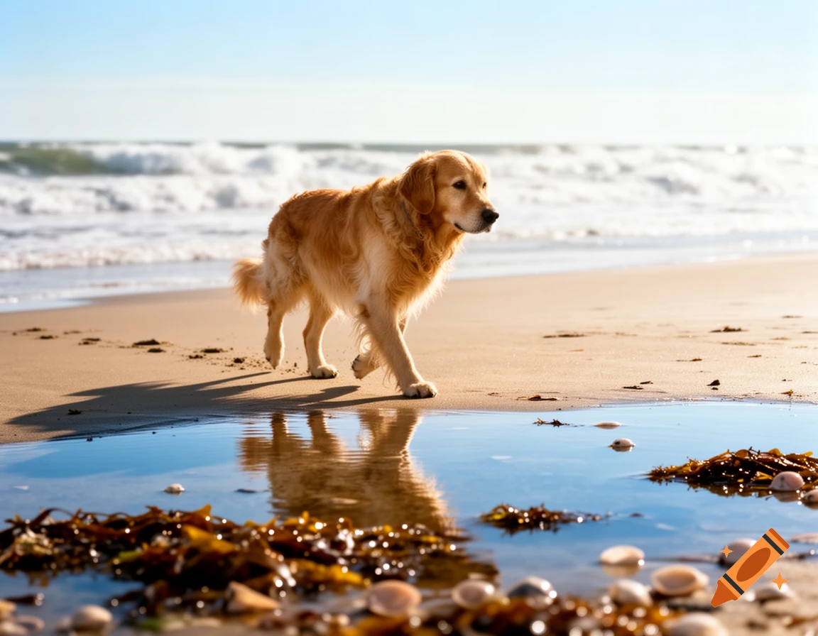 A golden retriever walks on a sandy beach beside a tidal pool, with ocean waves in the background under a clear sky.
