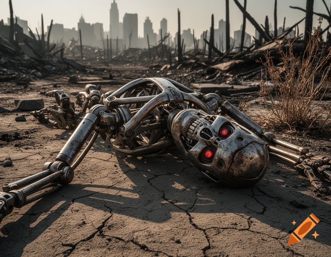 A damaged T-800 Terminator endoskeleton lies on cracked, dry ground in a ruined, post-apocalyptic city.