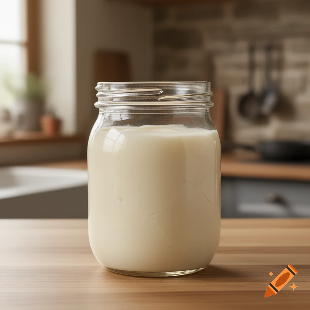 A photorealistic glass jar filled with white liquid, possibly milk or yogurt, sits on a wooden kitchen counter.