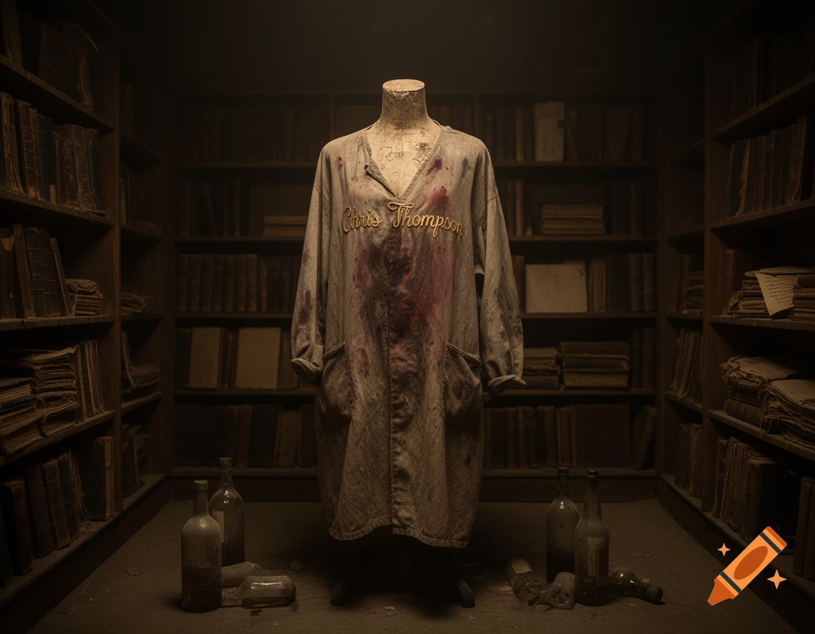 A blood-stained smock on a mannequin in a dimly lit, dusty library filled with old books and scattered empty bottles.