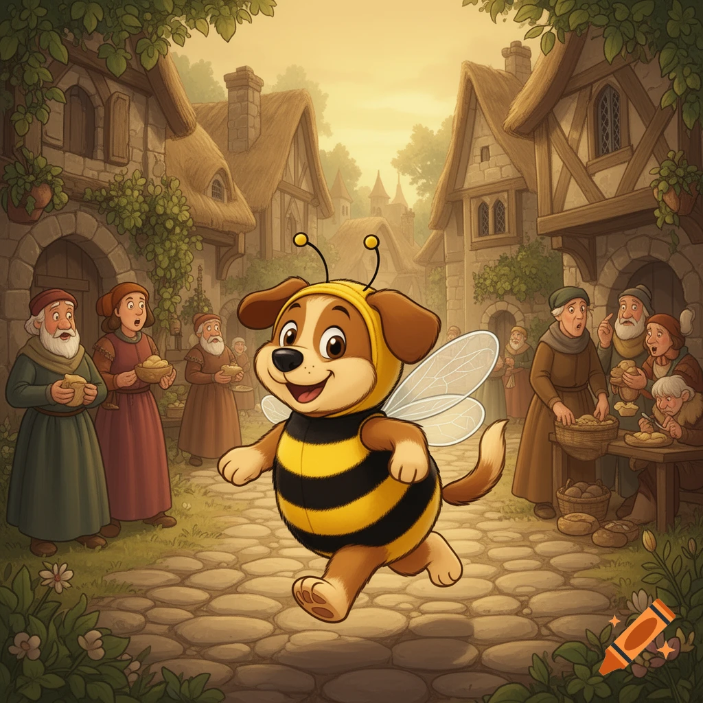 A cheerful cartoon dog in a bumblebee costume runs through a medieval village, past villagers.