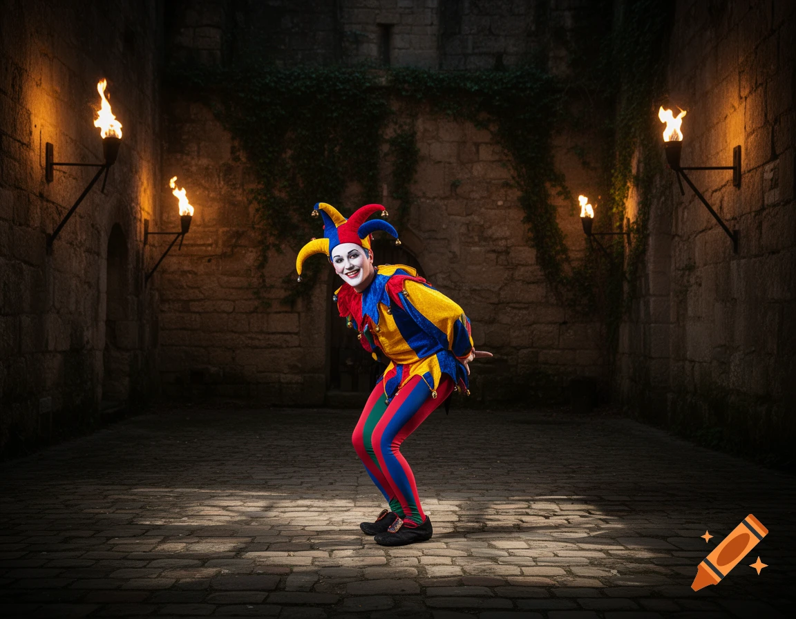 A jester in a colorful costume with a horned hat bows in a dark, torch-lit stone castle courtyard.