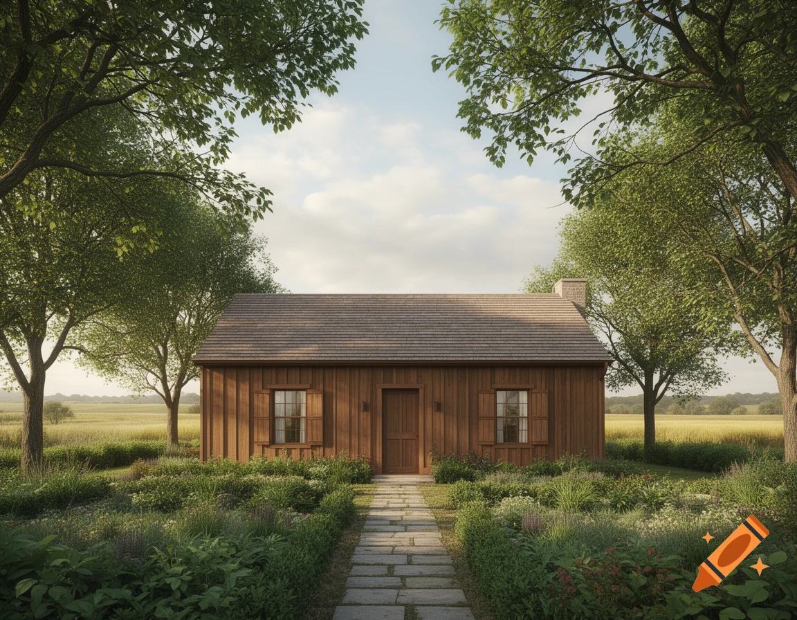A rustic brown wooden farmhouse with a shingle roof stands in a lush green garden with a stone path, framed by tall trees under a cloudy sky.