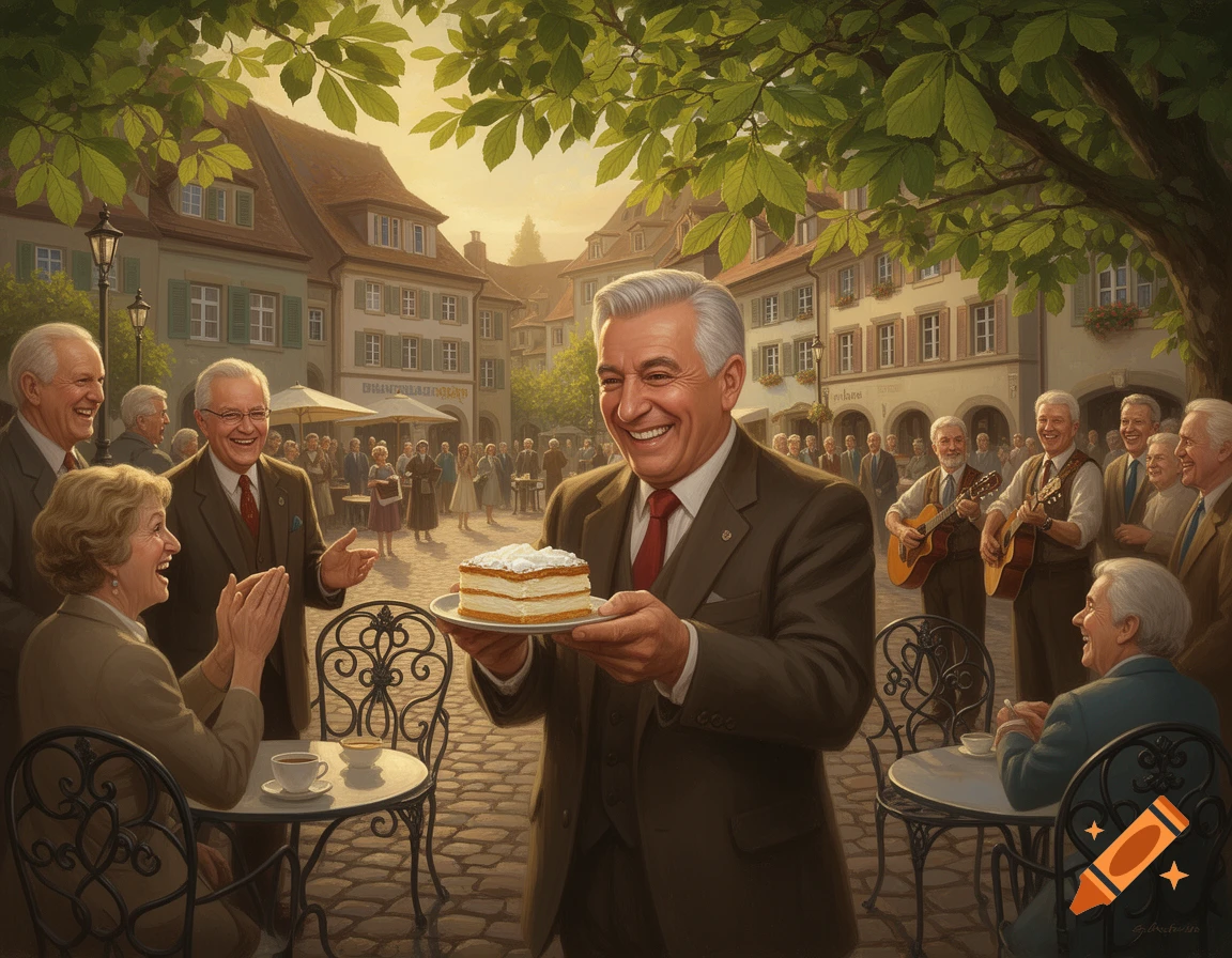 Smiling elderly man holds a slice of cake on a plate in a bustling European town square, surrounded by happy people and musicians.