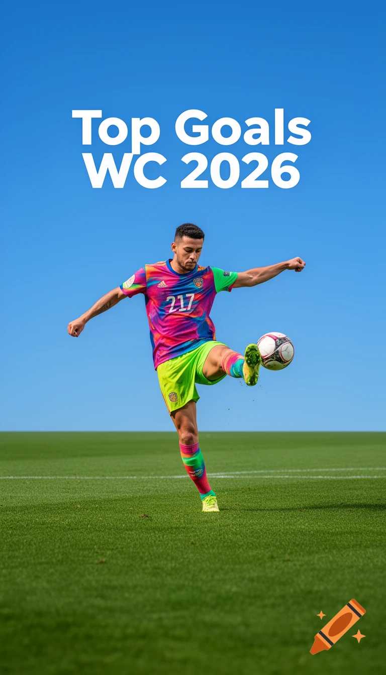 A male soccer player in a vibrant, colorful uniform kicks a soccer ball on a green field under a blue sky, with the text "Top Goals WC 2026" above.