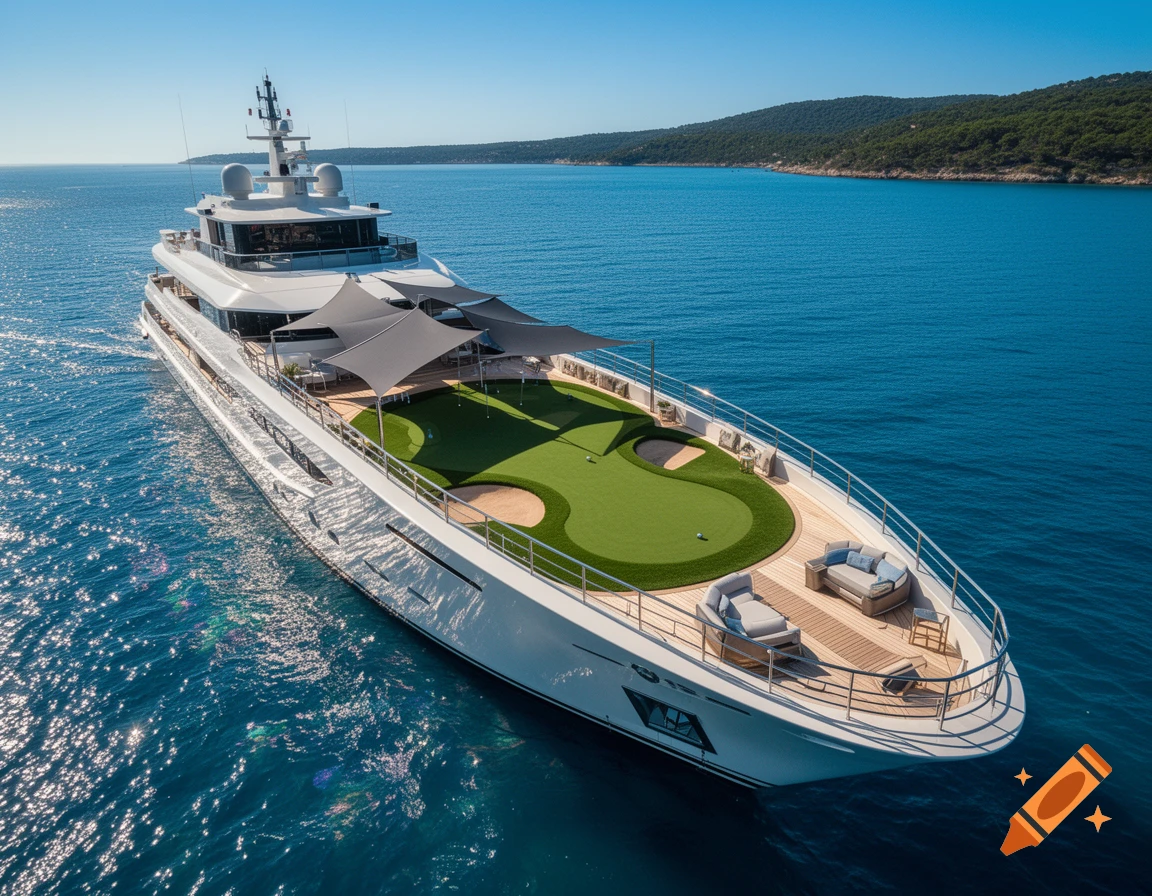 A large white luxury yacht with a green golf course on its deck sails on clear blue water near a forested coast.