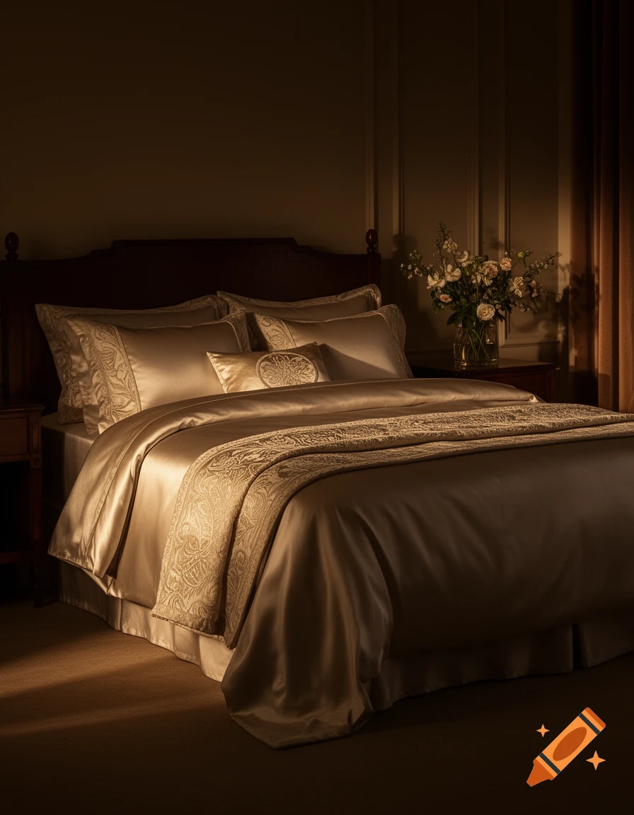 Luxurious bedroom with golden satin bedding, an ornate throw, dark wooden headboard, and a vase of flowers on a nightstand.