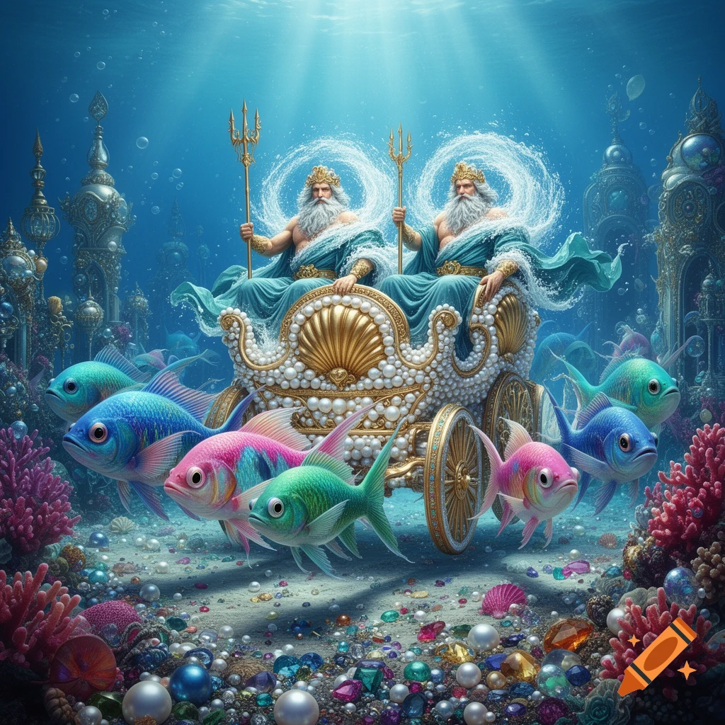 Two Poseidon figures with tridents ride an ornate chariot pulled by colorful fish on a vibrant ocean floor with jewels and coral.