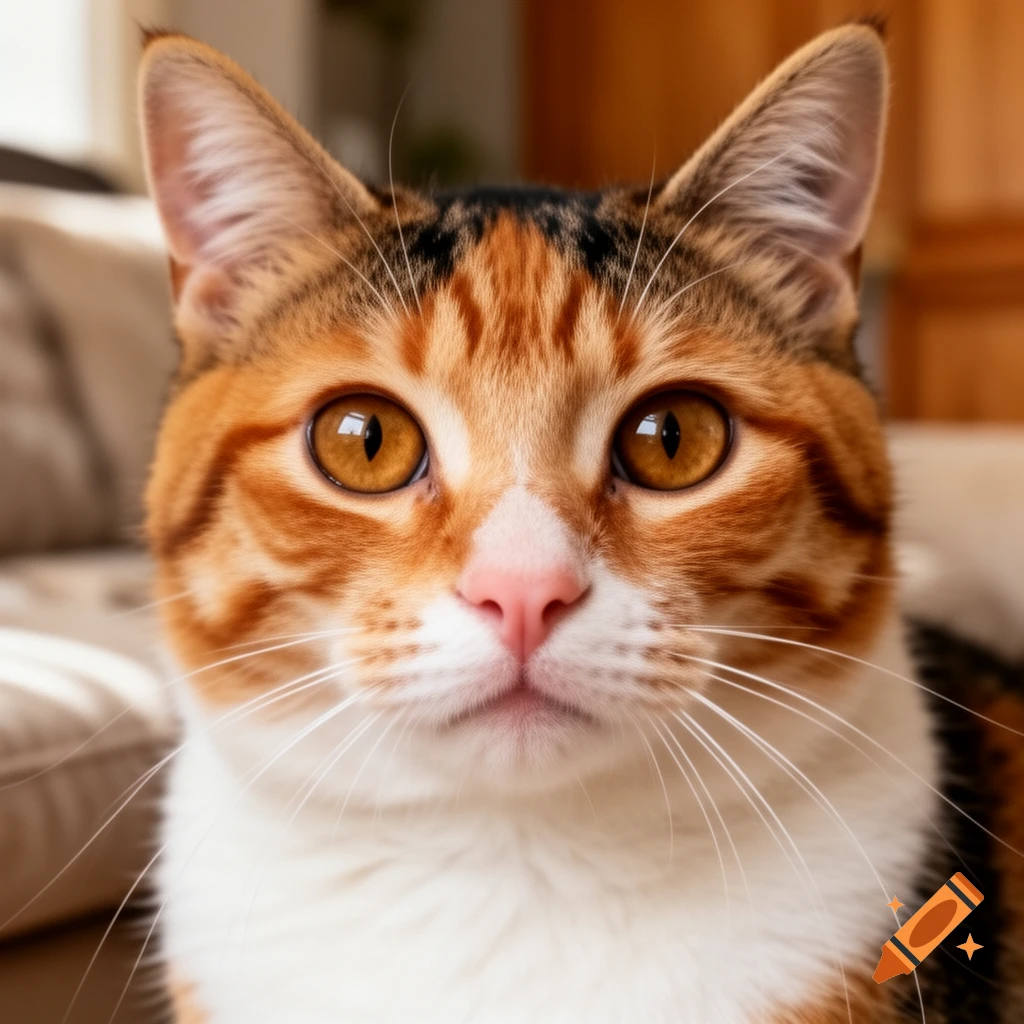 Close-up of a calico cat with bright orange eyes looking directly at the viewer.