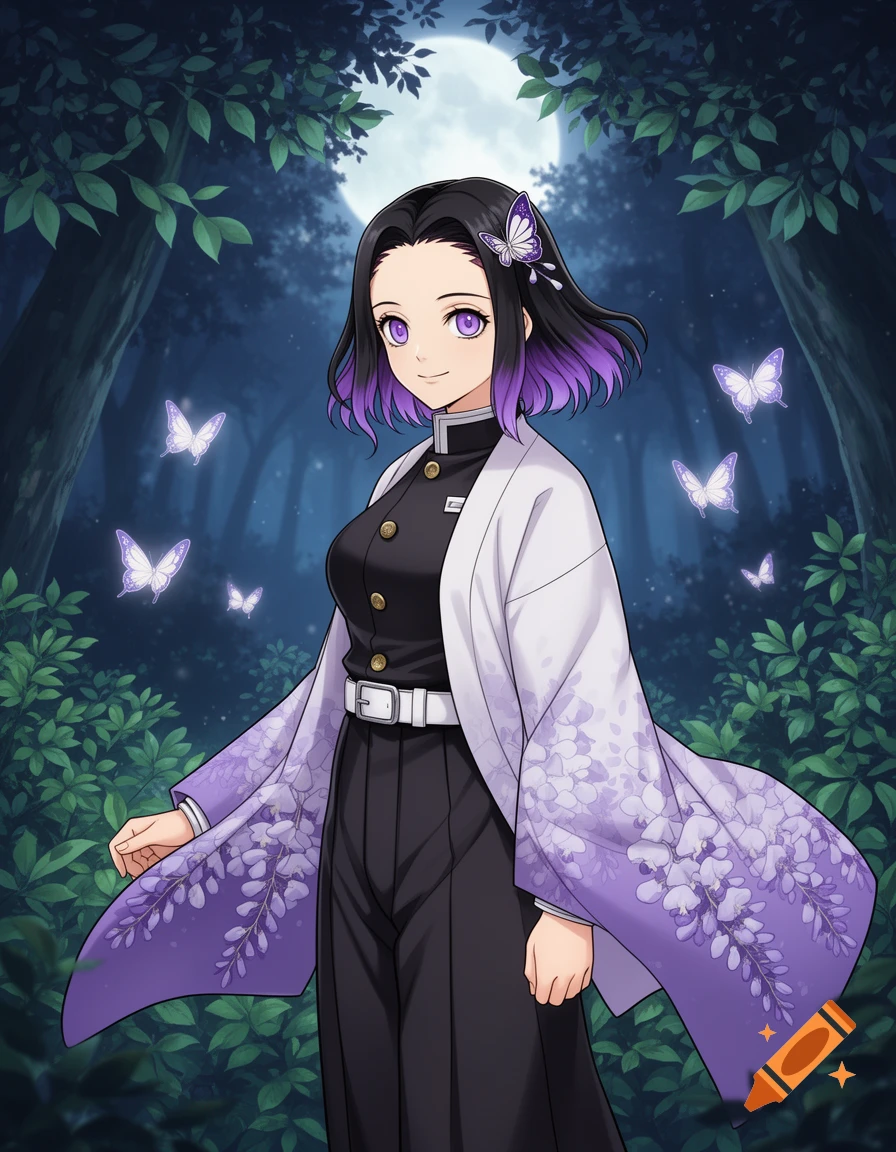 Anime girl Shinobu Kocho with purple eyes and hair in a butterfly kimono stands in a dark forest under a full moon with glowing butterflies.