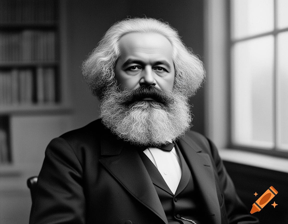 Black and white photorealistic portrait of Karl Marx with a long white beard and mustache, wearing a suit.
