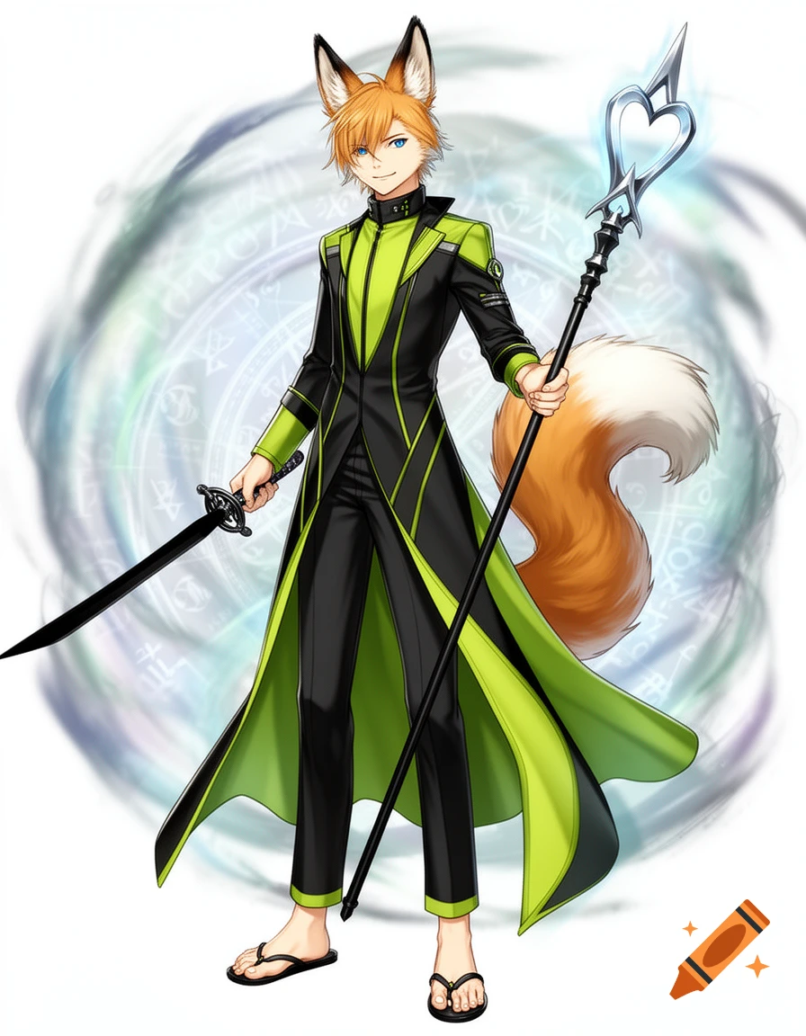 A confident anime male kitsune with fox ears and tail, in lime green and black modern mage clothes, holding a black sword and a heart-tipped spear.